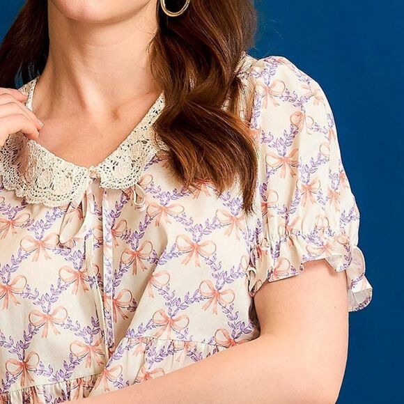 *Last DAY*Umgee Lace Bow Print Flounce Sleeve Blouse - Picture 4 of 4